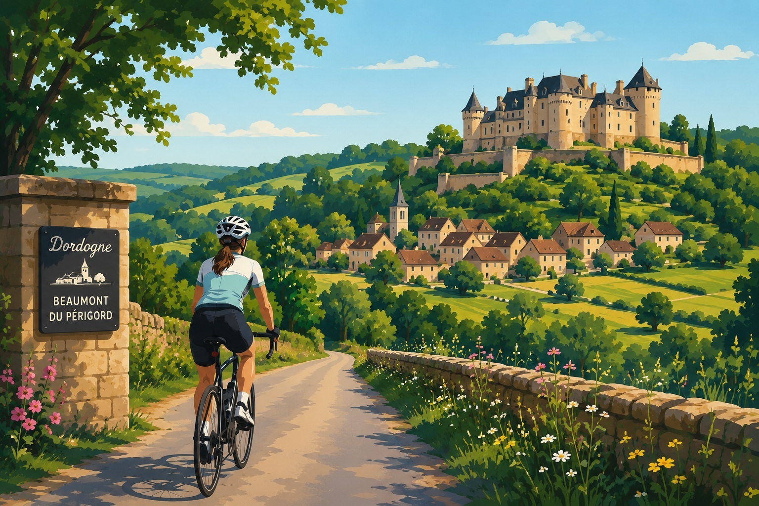 Fietsen in de Dordogne nabij Beaumont-du-Périgord tijdens de Tour de France